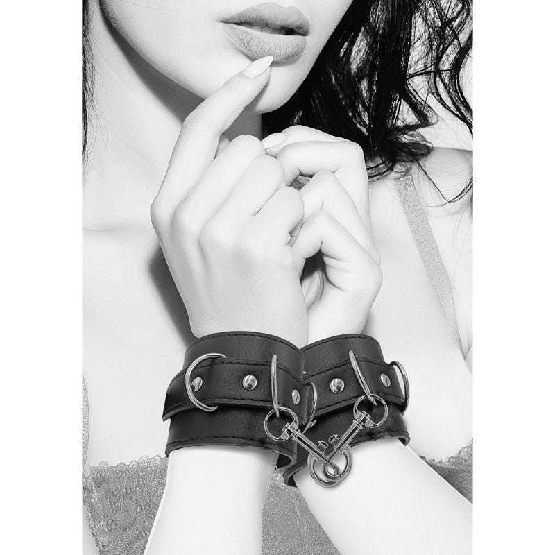 Ouch!  & white bonded leather hand or ankle cuffs - Product side view  | Flirtybay.com.au